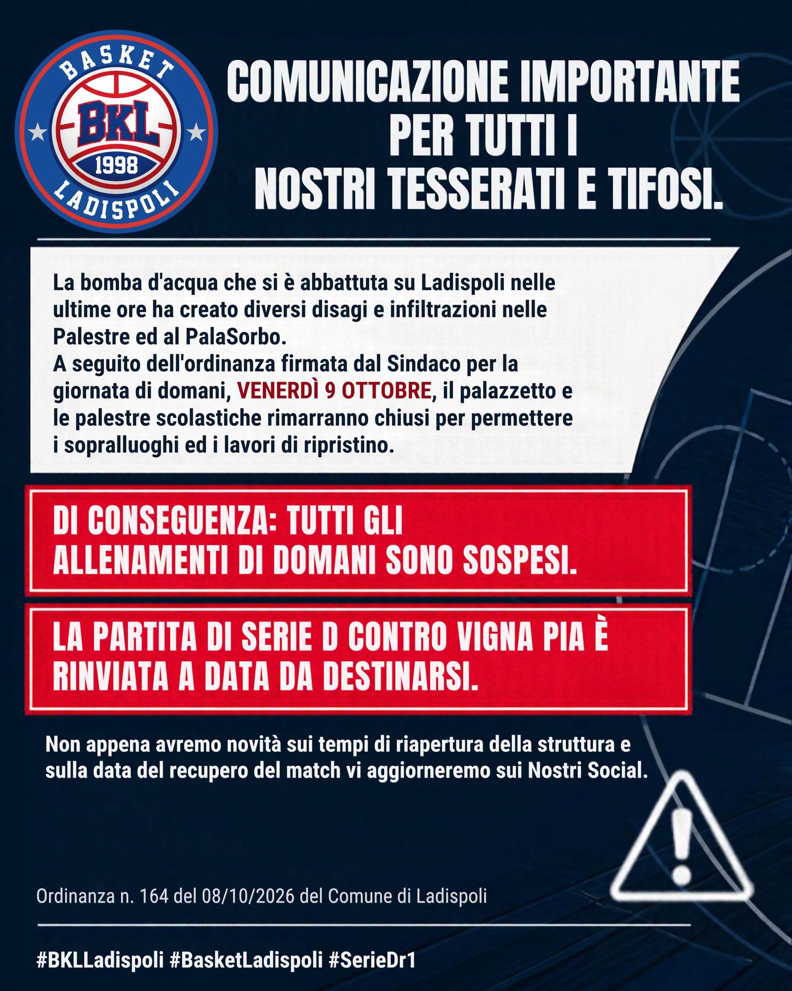Basket Città di Ladispoli-Vigna Pia rinviata a data da destinarsi!