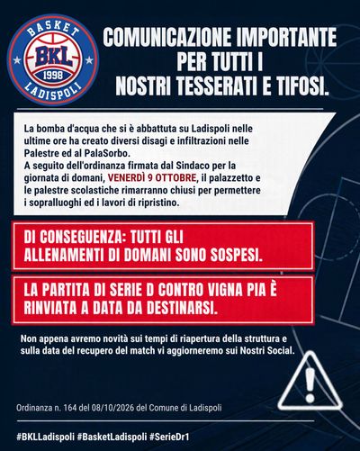Basket Città di Ladispoli-Vigna Pia rinviata a data da destinarsi!